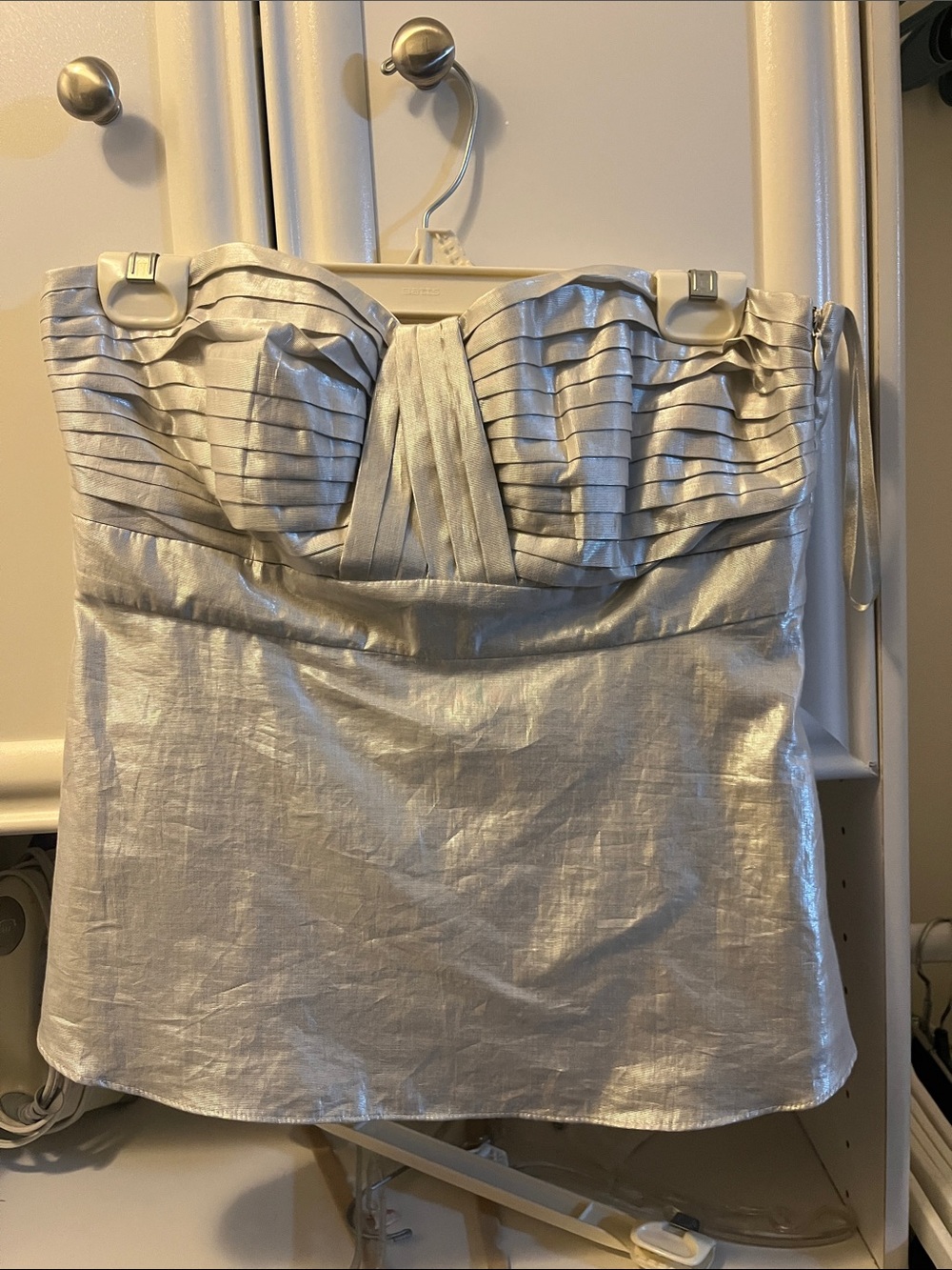 White House Black Market Metallic Silver Strapless Pleated Bust Top